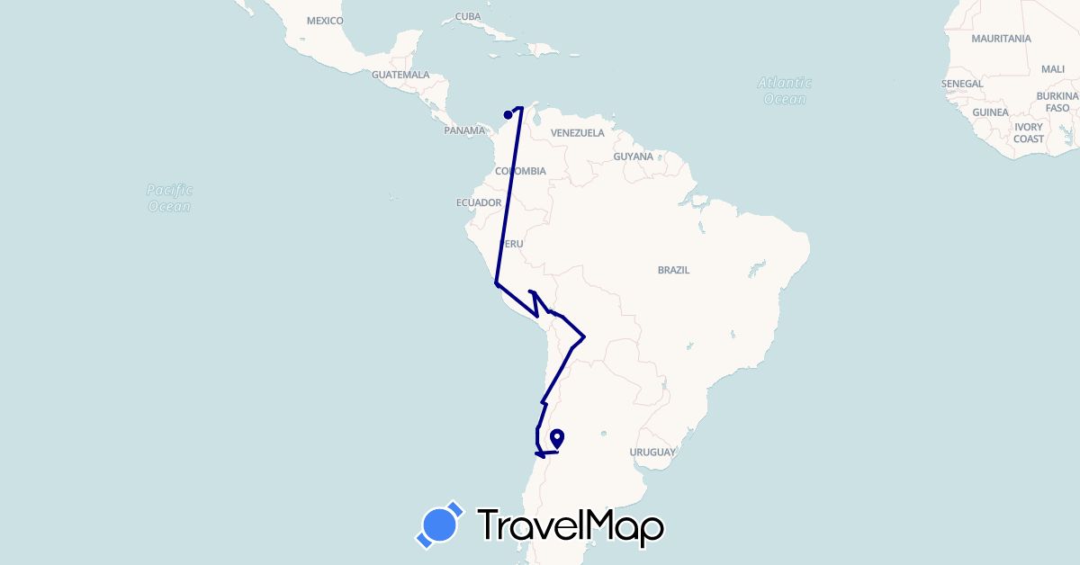 TravelMap itinerary: driving in Argentina, Bolivia, Chile, Colombia, Peru (South America)